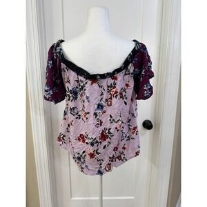 Francesca's Floral Off Shoulder Top Blouse Short Sleeve Purple Pink S